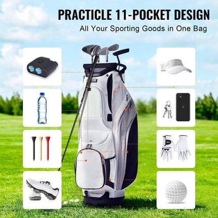 Golf Cart Bag with 14 Way Organizer Divider Top, 36” 13 Pockets Premium Nylon Cart Bag, Durable Golf Bags with Handles & Dust Cover & Detachable Straps for Men & Women, White Color-Block.