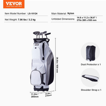 Golf Cart Bag with 14 Way Organizer Divider Top, 36” 13 Pockets Premium Nylon Cart Bag, Durable Golf Bags with Handles & Dust Cover & Detachable Straps for Men & Women, White Color-Block.