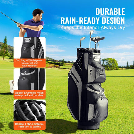 Golf Cart Bag with 14 Way Organizer Divider Top, 13 Pockets Premium Cart Bag, Durable 600D Polyester Fabric Golf Bags with Handles & Dust Cover & Detachable Straps for Men & Women, Black Color-Block.