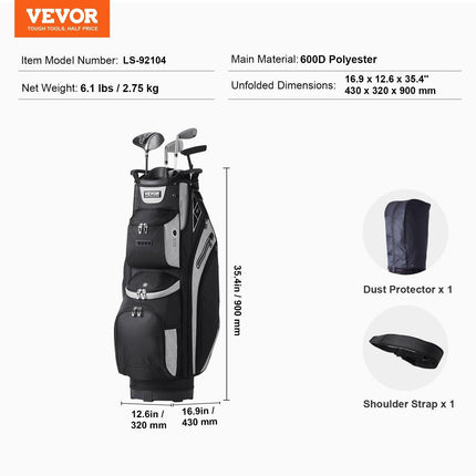 Golf Cart Bag with 14 Way Organizer Divider Top, 13 Pockets Premium Cart Bag, Durable 600D Polyester Fabric Golf Bags with Handles & Dust Cover & Detachable Straps for Men & Women, Black Color-Block.