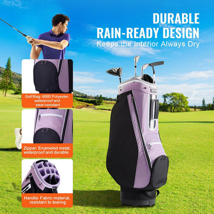 Golf Cart Bag with 14 Way Organizer Divider Top, 36” Multiple Pockets Premium Cart Bag, Durable Golf Bags with Handles & Dust Cover & Detachable Strap for Men & Women, Black Purple.