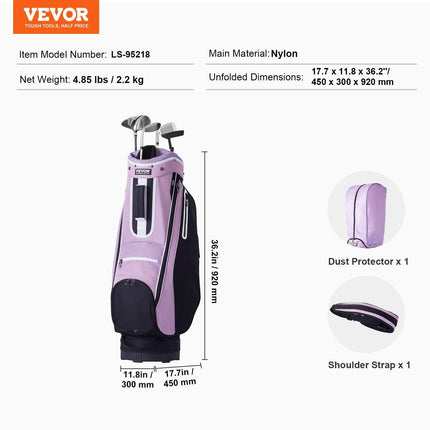 Golf Cart Bag with 14 Way Organizer Divider Top, 36” Multiple Pockets Premium Cart Bag, Durable Golf Bags with Handles & Dust Cover & Detachable Strap for Men & Women, Black Purple.