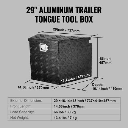Trailer Tongue Box, Aluminum Alloy Diamond Plate Tongue Box Tool Chest, Heavy Duty Trailer Box Storage with Lock and Keys, for Pickup Truck, RV, Trailer, 737 x 410 x 460 mm/29x16.5x18inch.