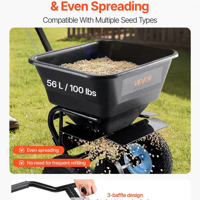 Lawn Spreader, 100LBS Capacity, Walk-Behind Push Spreader, 0-9.8ft Spreading Width, 13 in All Terrain Pneumatic Tires, Fertilizer Spreaders with Hopper Grate, for Seed Salt Ice Melt.