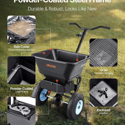VEVOR Lawn Spreader, 100LBS Capacity, Walk-Behind Push Spreader, 0-9.8ft Spreading Width, 13 in All Terrain Pneumatic Tires, Fertilizer Spreaders with Hopper Grate, for Seed Salt Ice Melt.