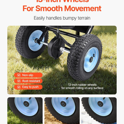 VEVOR Lawn Spreader, 100LBS Capacity, Walk-Behind Push Spreader, 0-9.8ft Spreading Width, 13 in All Terrain Pneumatic Tires, Fertilizer Spreaders with Hopper Grate, for Seed Salt Ice Melt.