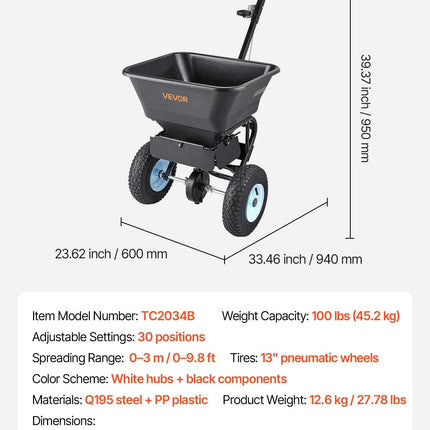 VEVOR Lawn Spreader, 100LBS Capacity, Walk-Behind Push Spreader, 0-9.8ft Spreading Width, 13 in All Terrain Pneumatic Tires, Fertilizer Spreaders with Hopper Grate, for Seed Salt Ice Melt.