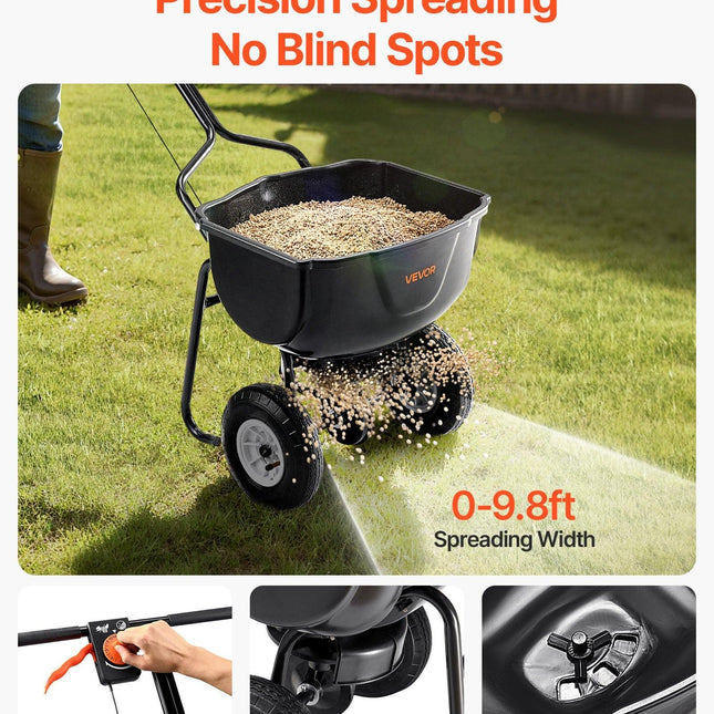 Walk Behind Spreader, 60LBS Capacity, Push Spreader with Hopper Grate, 0-9.8 ft Spreading Width, 8 in All Terrain Pneumatic Tires, Garden & Lawn Broadcast Spreaders, for Seed, Fertilizer.