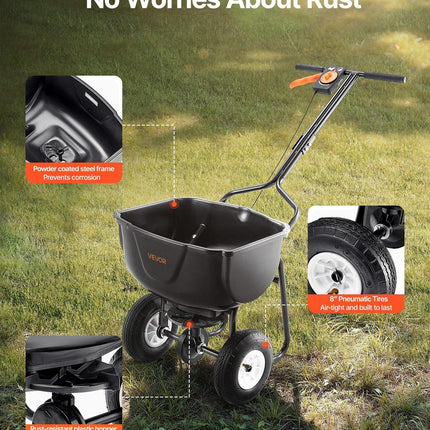 Walk Behind Spreader, 60LBS Capacity, Push Spreader with Hopper Grate, 0-9.8 ft Spreading Width, 8 in All Terrain Pneumatic Tires, Garden & Lawn Broadcast Spreaders, for Seed, Fertilizer.