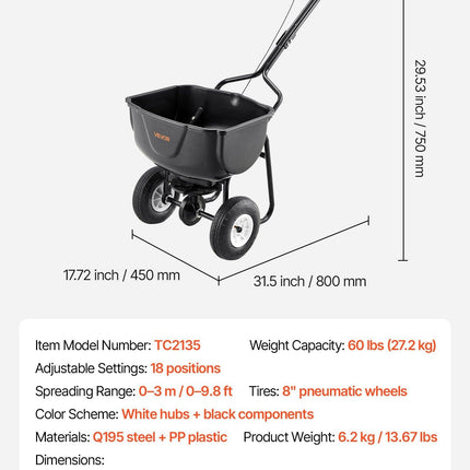 Walk Behind Spreader, 60LBS Capacity, Push Spreader with Hopper Grate, 0-9.8 ft Spreading Width, 8 in All Terrain Pneumatic Tires, Garden & Lawn Broadcast Spreaders, for Seed, Fertilizer.
