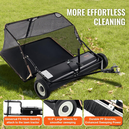 106.6 cm Lawn Sweeper Tow Behind, 12 cu.ft. Large Pull Behind Grass Sweeper, Heavy Duty Leaf & Grass Collector with Dumping Rope Design, Adjustable Sweeping Height for Picking Up Debris & Grass.