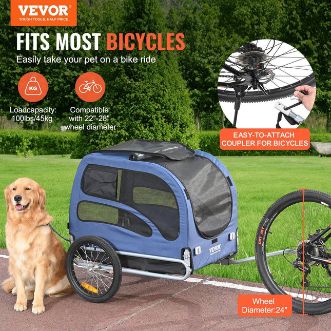Dog Bike Trailer, Supports up to 45 kg, Pet Cart Bicycle Carrier, Easy Folding Frame with Quick Release Wheels, Universal Bicycle Coupler, Reflectors, Flag, Collapsible to Store, Blue/Black.