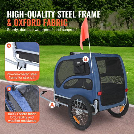 Dog Bike Trailer, Supports up to 45 kg, Pet Cart Bicycle Carrier, Easy Folding Frame with Quick Release Wheels, Universal Bicycle Coupler, Reflectors, Flag, Collapsible to Store, Blue/Black.