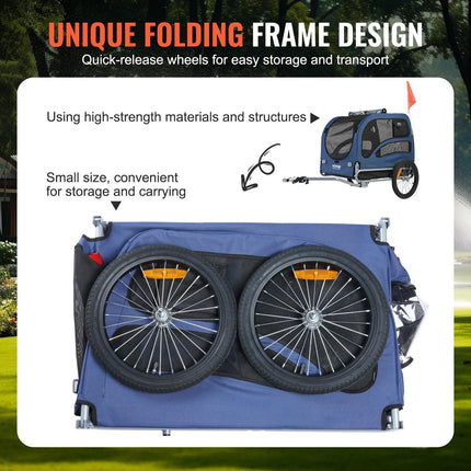 Dog Bike Trailer, Supports up to 45 kg, Pet Cart Bicycle Carrier, Easy Folding Frame with Quick Release Wheels, Universal Bicycle Coupler, Reflectors, Flag, Collapsible to Store, Blue/Black.
