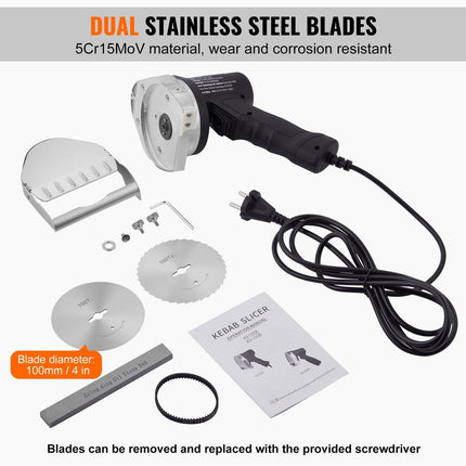 Electric Shawarma Knife, 80W Professional Turkish Kebab Knife, Commercial Stainless Steel Gyro Cutter, Doner Kebab Meat Slicer with 2 Blades, 100mm Blade Diameter, 0-8mm Adjustable Thickness.