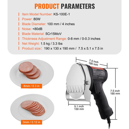 Electric Shawarma Knife, 80W Professional Turkish Kebab Knife, Commercial Stainless Steel Gyro Cutter, Doner Kebab Meat Slicer with 2 Blades, 100mm Blade Diameter, 0-8mm Adjustable Thickness.