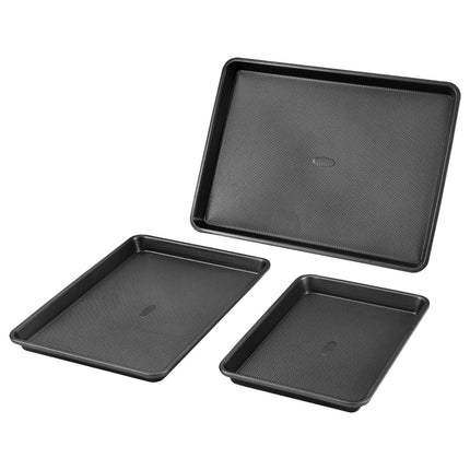 Baking Pan Set 3-Piece Nonstick Carbon Steel Set with Silicone Handles.
