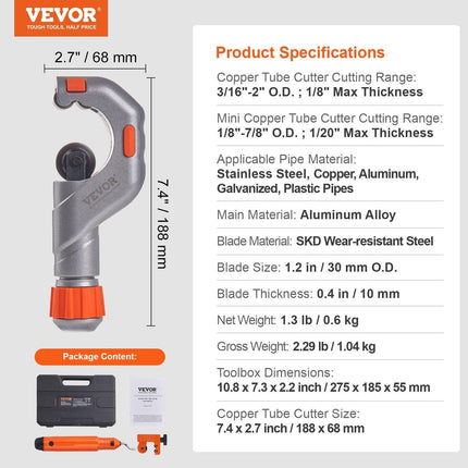 3PCS Tubing Cutter Set, 3/16"-2" O.D. Copper Pipe Cutter, 1/8"-7/8" O.D. Mini Tube Cutter and Deburring Tool, Heavy Duty Pipe Cutter Set for Copper, Aluminum, Stainless Steel, Plastic Pipes.