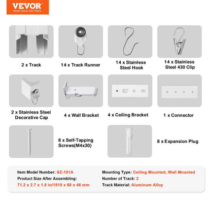 Ceiling Curtain Track Set 5.9 FT/1.8 Meter_oom Divider with Hooks White.