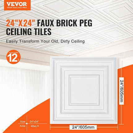 Ceiling Tiles 12-Pack 24 x 24 in PVC Easy Installation White Peg Pattern.