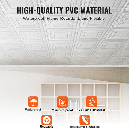Ceiling Tiles 12-Pack 24 x 24 in PVC Easy Installation White Peg Pattern.