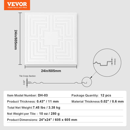 Ceiling Tiles 12-Pack 24 x 24 in PVC Easy Installation White Echo Pattern.