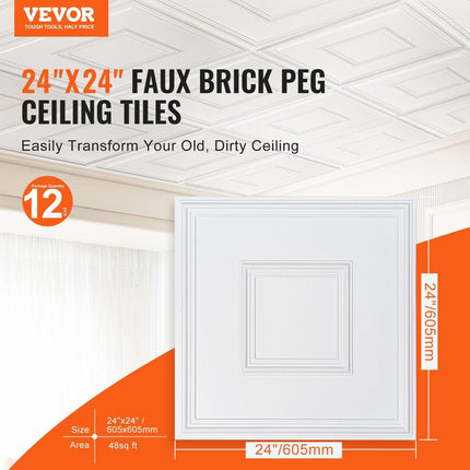 Ceiling Tiles 12-Pack 24 x 24 in PVC Easy Installation White Geometric.