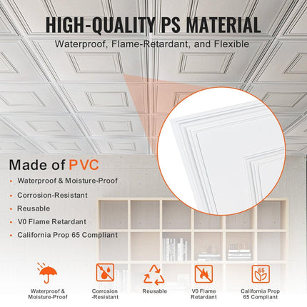 Ceiling Tiles 12-Pack 24 x 24 in PVC Easy Installation White Geometric.