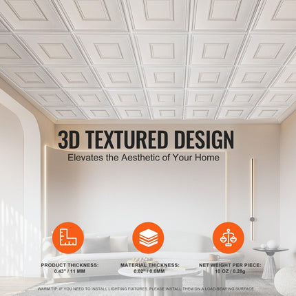 Ceiling Tiles 12-Pack 24 x 24 in PVC Easy Installation White Geometric.