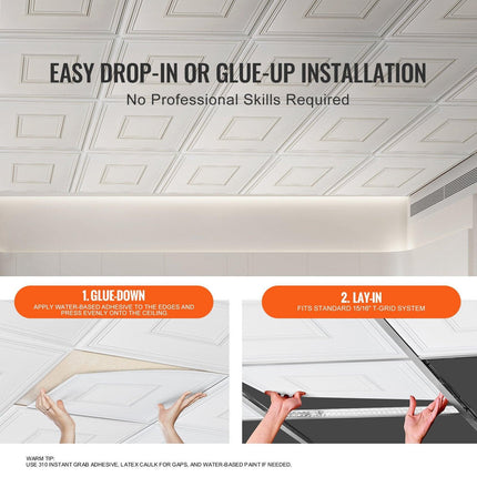 Ceiling Tiles 12-Pack 24 x 24 in PVC Easy Installation White Geometric.