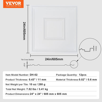 Ceiling Tiles 12-Pack 24 x 24 in PVC Easy Installation White Geometric.