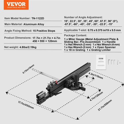 Precision Miter Gauge, Standard Slot 3/4'' x 3/8'', Aluminum Alloy Table Saw Miter Gauge with 19-35 in Grating 15 Angle Stops Adjustable Spring Loaded Plunger and Removable Disc, for Woodworking.
