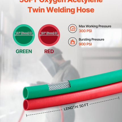 Oxygen Acetylene Hose 1/4-Inch x 50FT T Grade Hose 300PSI Max Working Pressure.