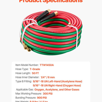 Oxygen Acetylene Hose 1/4-Inch x 50FT T Grade Hose 300PSI Max Working Pressure.
