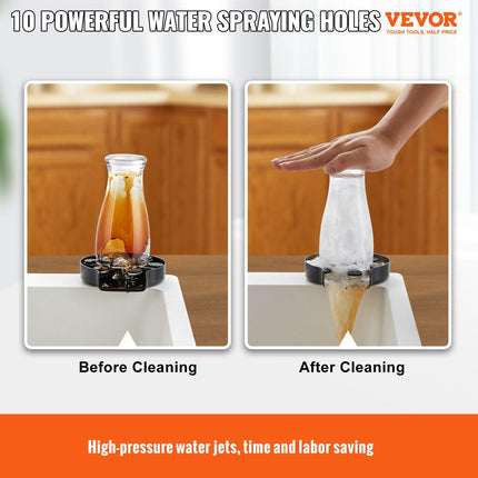 Glass Rinser, 10 Powerful Spraying Jets Rotating Cup Rinser for Sink, 304 Stainless Steel Faucet Cup Washer & Silicone Nonslip Pad for Baby Bottle, Glass Cup, Wine Glass (Matte Black Base).