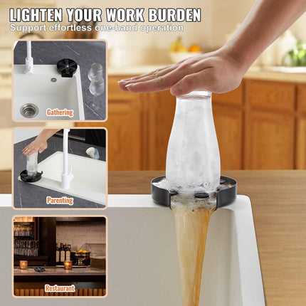 Glass Rinser, 10 Powerful Spraying Jets Rotating Cup Rinser for Sink, 304 Stainless Steel Faucet Cup Washer & Silicone Nonslip Pad for Baby Bottle, Glass Cup, Wine Glass (Matte Black Base).