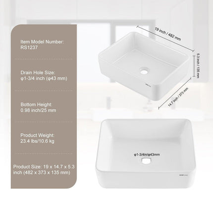 Modern Ceramic Vessel Sink 48x37cm Bathroom Vanity Bowl Countertop White.