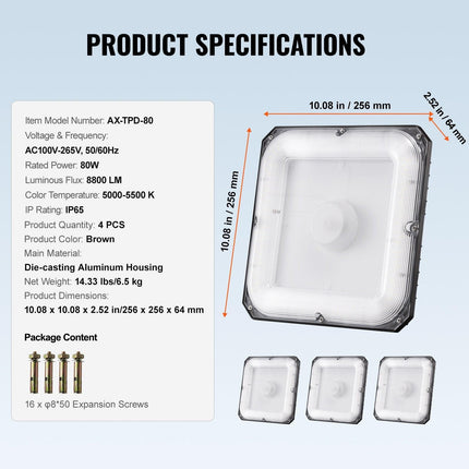 4 Pack LED Canopy Lights 80W 8800LM 5000K Daylight Outdoor Canopy Lighting.