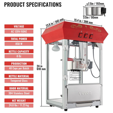 Popcorn Popper Machine Countertop Popcorn Maker 850W 8 Oz 48 Cups Red.