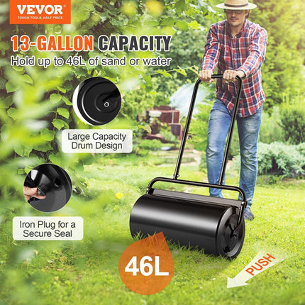 Lawn Roller, 13 Gallon 24Inch Sand/Water Filled Yard Roller, Steel Sod Roller with Easy-turn Plug and U-Shaped Ergonomic Handle for Convenient Push and Pull, for Lawn, Garden, Farm, Park, Black.