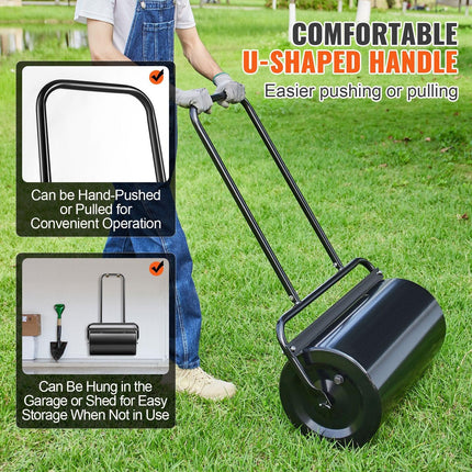 Lawn Roller, 13 Gallon 24Inch Sand/Water Filled Yard Roller, Steel Sod Roller with Easy-turn Plug and U-Shaped Ergonomic Handle for Convenient Push and Pull, for Lawn, Garden, Farm, Park, Black.