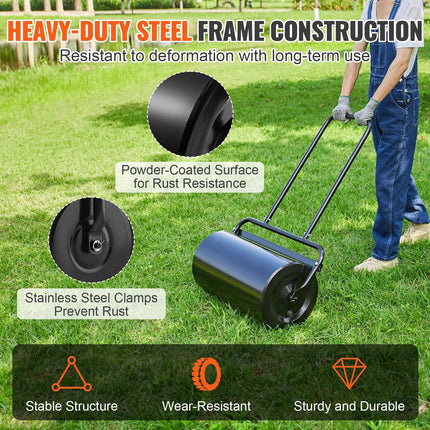 Lawn Roller, 13 Gallon 24Inch Sand/Water Filled Yard Roller, Steel Sod Roller with Easy-turn Plug and U-Shaped Ergonomic Handle for Convenient Push and Pull, for Lawn, Garden, Farm, Park, Black.