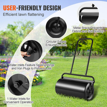 Lawn Roller, 13 Gallon 24Inch Sand/Water Filled Yard Roller, Steel Sod Roller with Easy-turn Plug and U-Shaped Ergonomic Handle for Convenient Push and Pull, for Lawn, Garden, Farm, Park, Black.