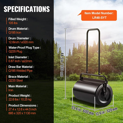 Lawn Roller, 13 Gallon 24Inch Sand/Water Filled Yard Roller, Steel Sod Roller with Easy-turn Plug and U-Shaped Ergonomic Handle for Convenient Push and Pull, for Lawn, Garden, Farm, Park, Black.