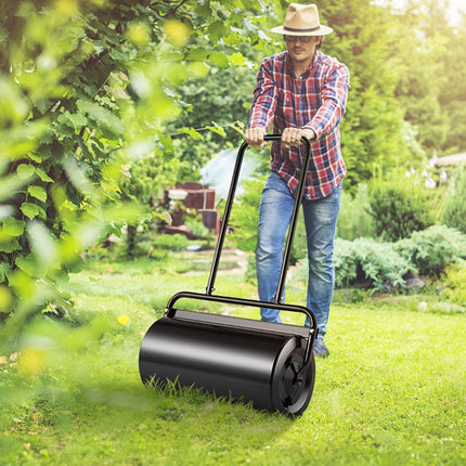 Lawn Roller, 13 Gallon 24Inch Sand/Water Filled Yard Roller, Steel Sod Roller with Easy-turn Plug and U-Shaped Ergonomic Handle for Convenient Push and Pull, for Lawn, Garden, Farm, Park, Black.