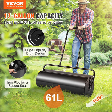 Lawn Roller, 17 Gallon 36 Inch Sand/Water Filled Yard Roller, Steel Sod Roller with Easy-turn Plug and U-Shaped Ergonomic Handle for Convenient Push and Pull, for Lawn, Garden, Farm, Park, Black.