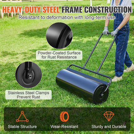 Lawn Roller, 17 Gallon 36 Inch Sand/Water Filled Yard Roller, Steel Sod Roller with Easy-turn Plug and U-Shaped Ergonomic Handle for Convenient Push and Pull, for Lawn, Garden, Farm, Park, Black.