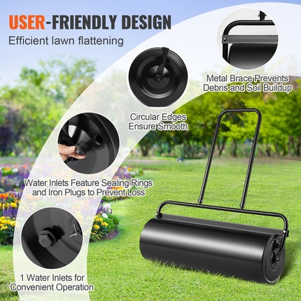 Lawn Roller, 17 Gallon 36 Inch Sand/Water Filled Yard Roller, Steel Sod Roller with Easy-turn Plug and U-Shaped Ergonomic Handle for Convenient Push and Pull, for Lawn, Garden, Farm, Park, Black.