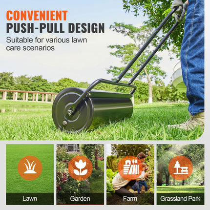 Lawn Roller, 17 Gallon 36 Inch Sand/Water Filled Yard Roller, Steel Sod Roller with Easy-turn Plug and U-Shaped Ergonomic Handle for Convenient Push and Pull, for Lawn, Garden, Farm, Park, Black.