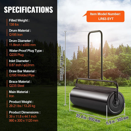 Lawn Roller, 17 Gallon 36 Inch Sand/Water Filled Yard Roller, Steel Sod Roller with Easy-turn Plug and U-Shaped Ergonomic Handle for Convenient Push and Pull, for Lawn, Garden, Farm, Park, Black.